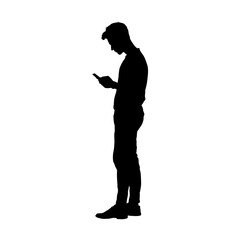 silhouette of standing young man looking at smartphone, photorealistic, side view - vector illustration