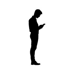 silhouette of standing young man looking at smartphone, photorealistic, side view - vector illustration