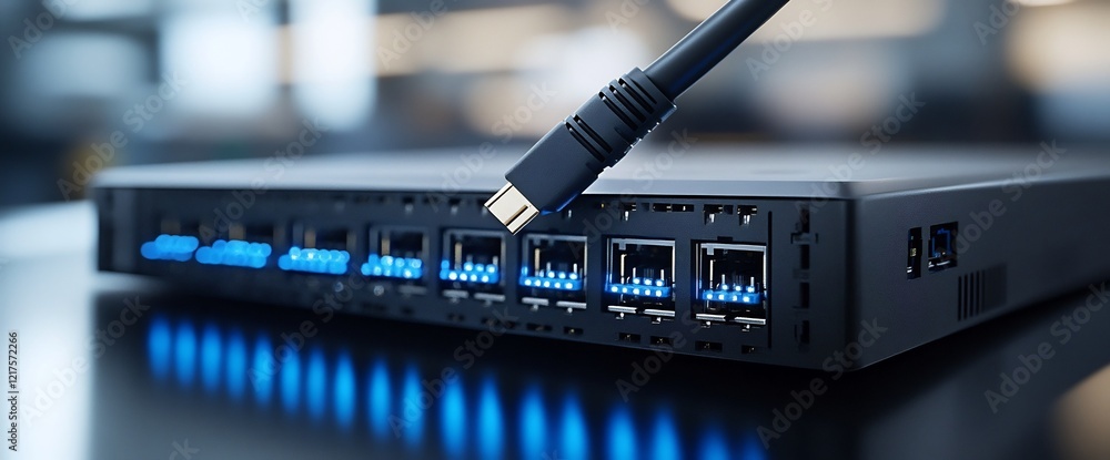 Aufkleber close up of a black server box with a blue ethernet cable plugged into a port highlighting the conce