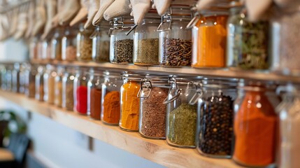 A dedicated spice rack in the pantry, showcasing small glass jars with colorful spices. Above the rack, stockings are used to store small packets of seasoning and herbs.
