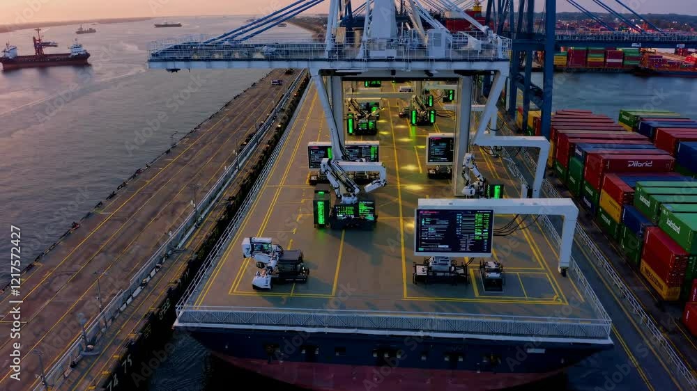 Poster automated cranes operate at a busy shipping terminal during sunset in a bustling port