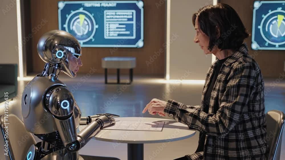 Poster engaging conversation between human and robot in a modern tech lab setting