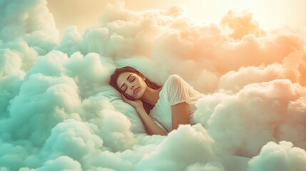 A peaceful woman resting on a bed amid fluffy clouds, with a heavenly glow and pastel tones creating a magical setting