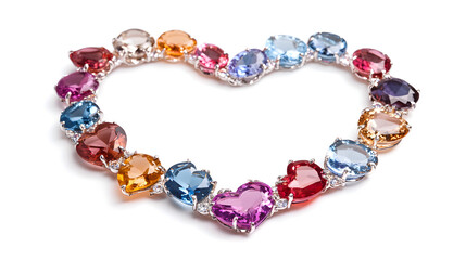 ? A hand-crafted heart-shaped necklace with colorful gemstones isolated on white background in HD
