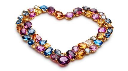 ? A hand-crafted heart-shaped necklace with colorful gemstones isolated on white background in HD
