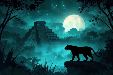 Mayan Temple Night Jungle Panther Moonlit Scene