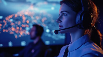 A professional air traffic controller communicating with a pilot, wearing a headset and observing live flight data on a radar screen
