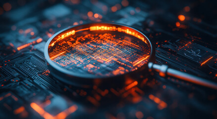 A magnifying glass zooms in on intricate digital data patterns displayed on a circuit board. The close-up reveals glowing lines and connections, showcasing technology's complexity.