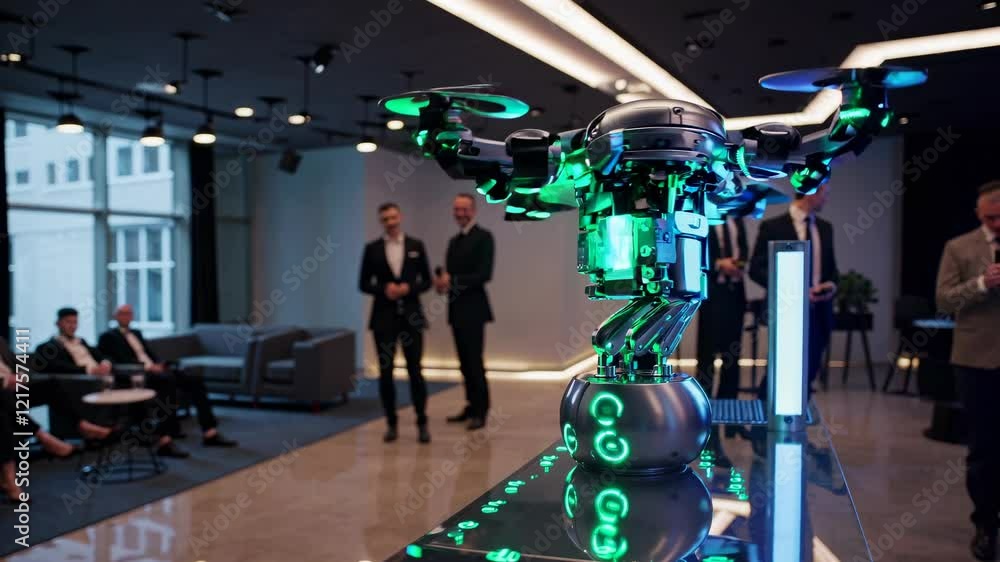 Aufkleber innovative performance of a humanoid robot and drone hybrid at a corporate event in a modern confere