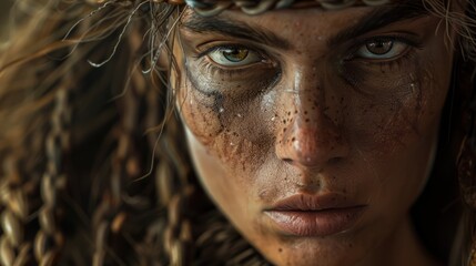 Intense portrait of a young woman with tribal markings and braided hair.