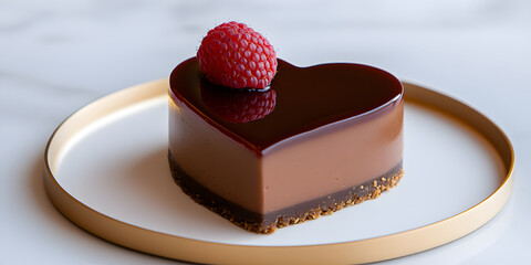 Heart-shaped chocolate mousse dessert with a raspberry topping, elegantly presented on a gold-rimmed plate. Perfect for Valentine's Day or a romantic treat.
