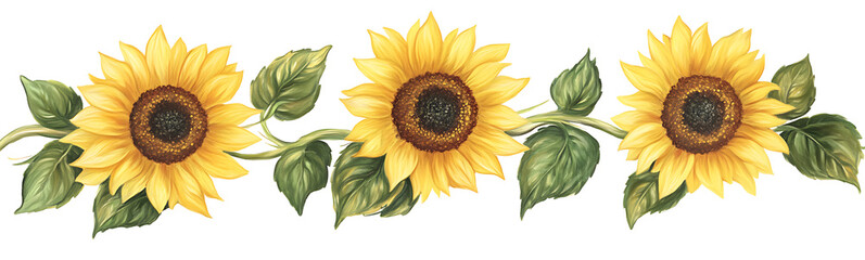 Naklejka premium yellow sunflowers with leaves isolated on white background PNG.AI GENERATED