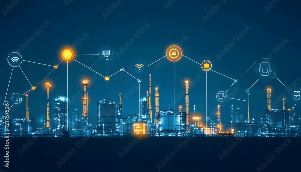 Poster modern manufacturing facility with iot devices collecting real-time data to optimize production proc