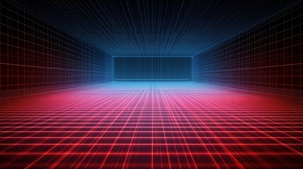 An empty futuristic room stretches out in a perspective view, illuminated by red and blue wireframe lines, evoking the essence of a cyber and virtual reality world.