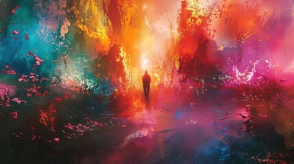 Fototapeta premium An abstract figure stands amidst vibrant colors, evoking a dreamlike atmosphere.