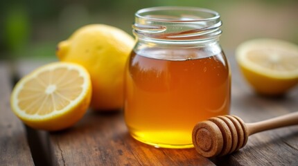 A close-up of a jar of honey and a halved lemon on a wooden table