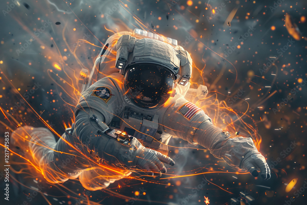 Aufkleber astronaut in floating flowing space, modern spacesuit reflecting earth and technology, generative ai