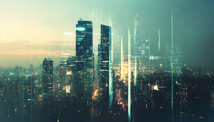 Modern smart city panorama with double exposure of immersive interfaces, concept of the Internet of Things  -