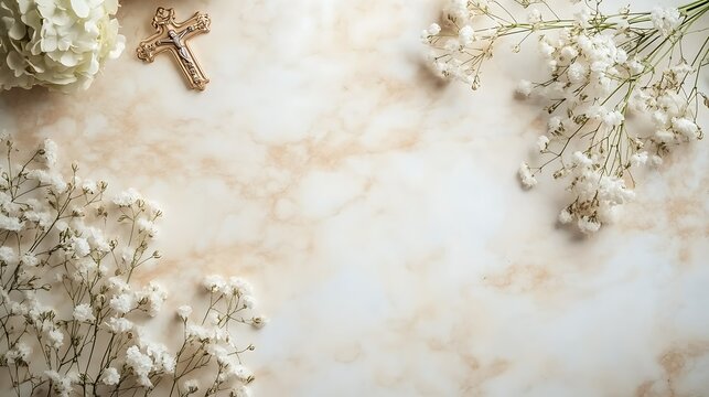 White Flowers Gold Cross Marble Background