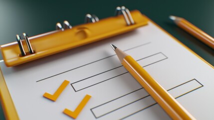Yellow Clip Board with Blank Checklist and Pencil on Dark Green Background for Task Management and Planning