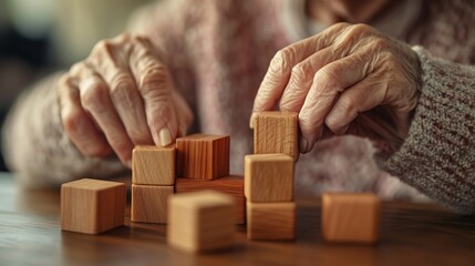Elderly woman, gently focused on stacking wooden blocks, engages in a therapeutic activity in a peaceful geriatric clinic setting.