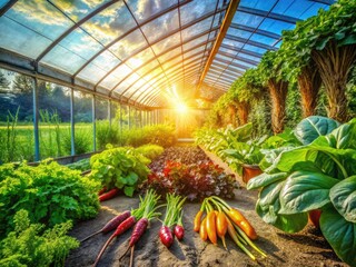 Fototapeta premium Fresh spring produce shines in a vibrant photoshoot, showcasing garden architecture and bountiful harvest.