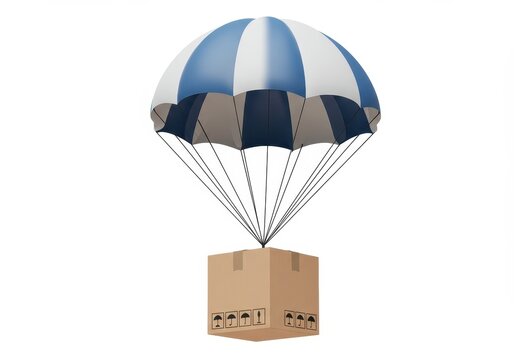 A 3D illustration of a light brown cardboard box suspended by a blue and white parachute isolated on white background