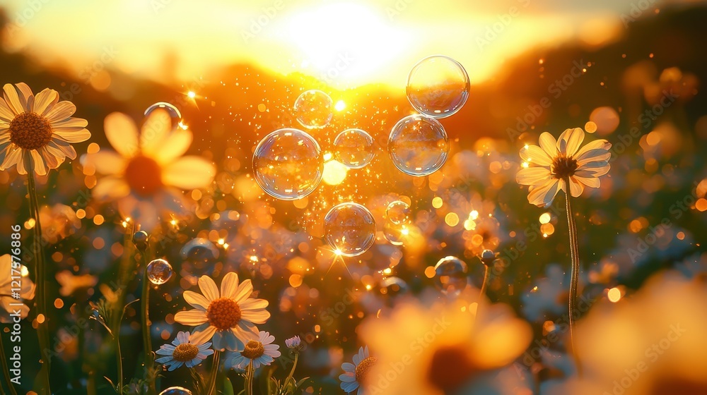 Poster sunset bubbles float over a field of daisies.