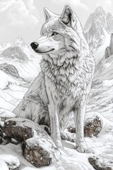 Majestic white wolf sitting on snowy mountain rocks, gazing at a winter landscape.