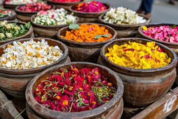 Fototapeta premium Vibrant Array of Colorful Floral Petals in Traditional Hemispherical Bowls at Market Stall