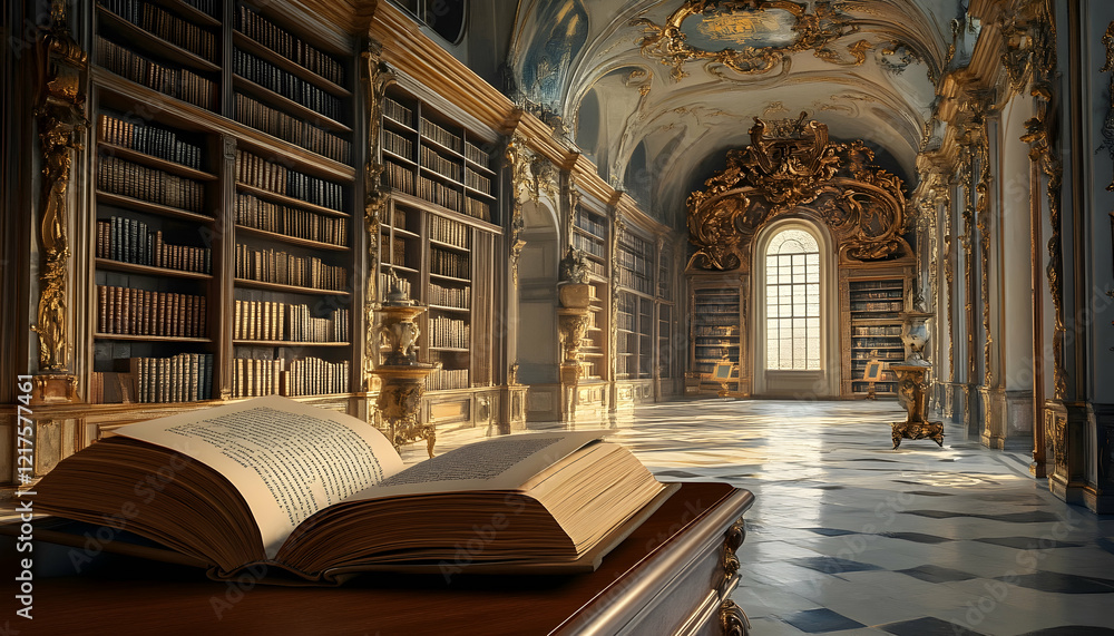 Poster open book placed on a table, with rows of bookshelves and elegant architecture in the background -