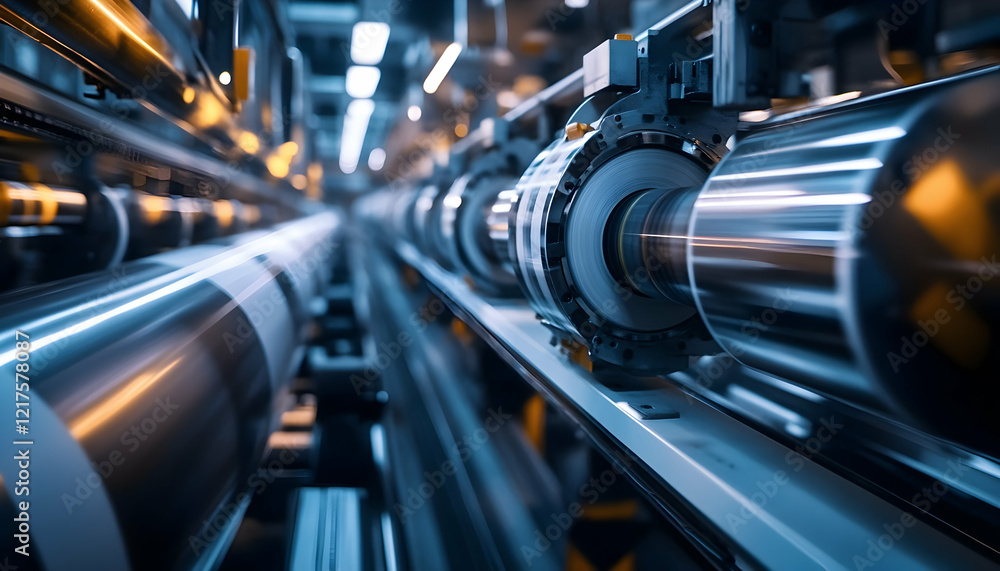 Poster paper rolls in a printing machine at a production facility, capturing the high-tech machinery used i