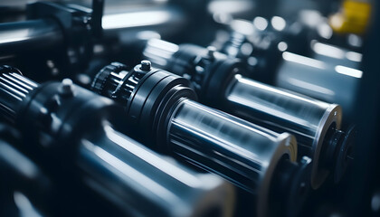 Naklejka premium Paper rolls in a printing machine at a production facility, capturing the high-tech machinery used in large-scale paper and print production -