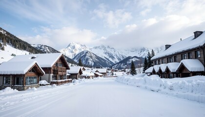 Scenic snow-covered village surrounded by mountains under a blue sky for winter travel