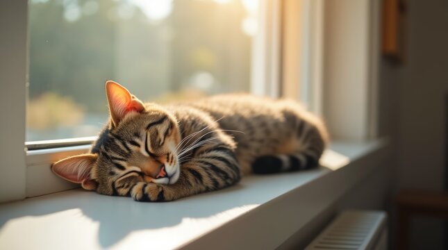 A tabby cat sleeping on a windowsill, basking in the sunlight, with soft shadows and a peaceful atmosphere, outdoor view visible in the background.