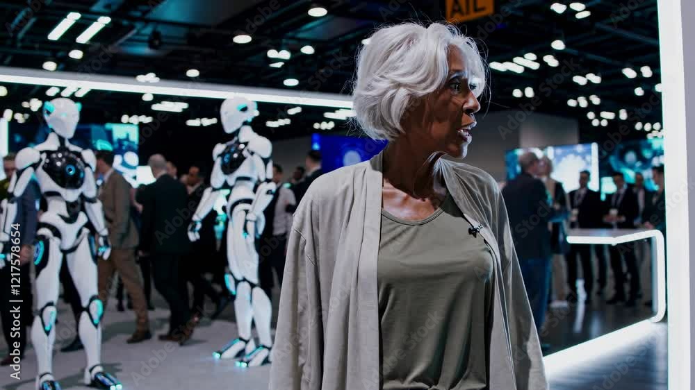 Poster robots and technology at an international innovation event in a modern exhibition hall