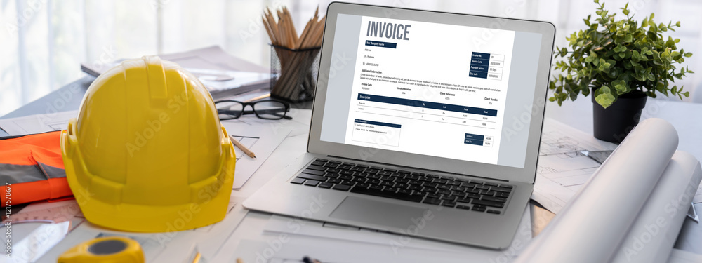 Poster invoice on computer screen from accounting application. computer program for financial and budget of
