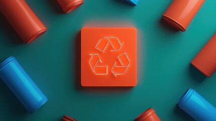 A vibrant image featuring a recycling symbol on an orange background, surrounded by blue and orange cylindrical objects on a teal surface.