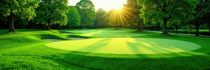 Naklejka premium Perfectly manicured putting green, rich emerald tones, texture, close-up, putting green
