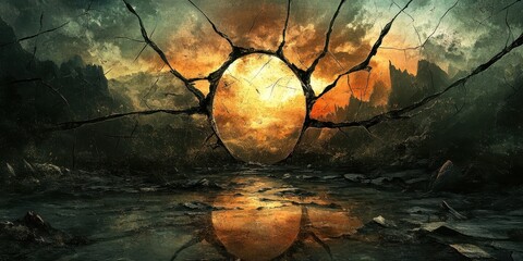 Fractured Landscape Reveals Burning Orange Portal