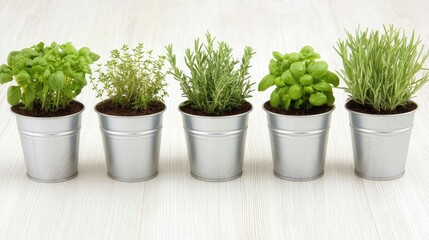 Fototapeta premium Fresh herbs in pots, kitchen table background, healthy cooking