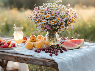 Table champêtre avec fruits et fleurs sous la lumière estivale