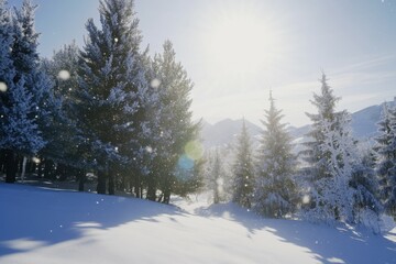 Obraz premium A scenic winter trail with sparkling snowflakes falling gently under a sunny sky. Generative AI
