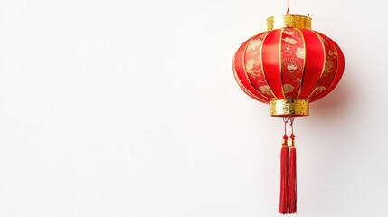 Fototapeta premium A traditional red Chinese New Year lantern isolated on a white background, featuring elegant gold details and tassels for a festive look