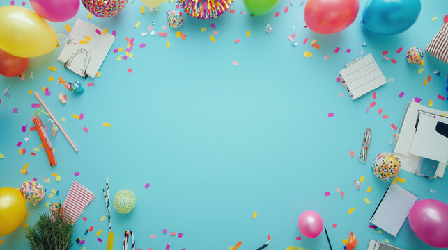 Festive Flat Lay of an Office Desk with Colorful Confetti and Balloons at the Edges, Featuring a Large Empty Center Space for Custom Text, Invitations, or Messages