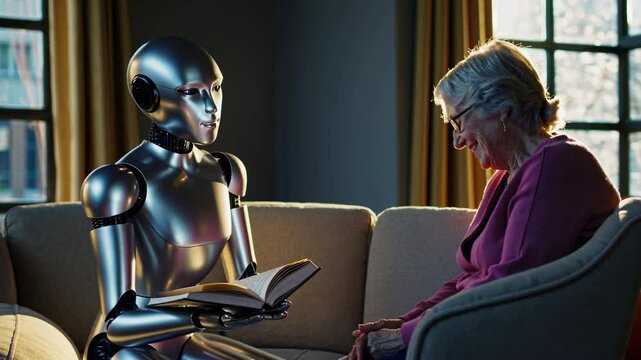 Robot reads stories to elderly woman in cozy living room during afternoon sunlight