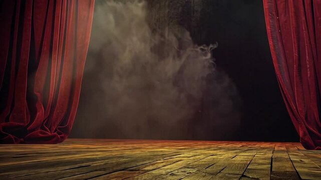 Red velvet curtains frame a smoky, mysterious stage. This dramatic stock video sets the scene for performances, presentations, or any project needing a touch of theatrical flair.  