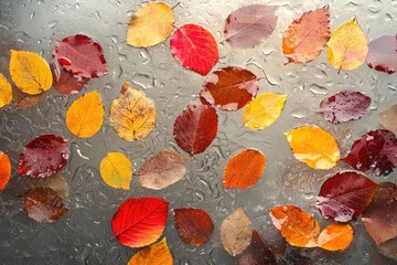 Colorful autumn leaves scattered on a frozen surface, glistening with water droplets.