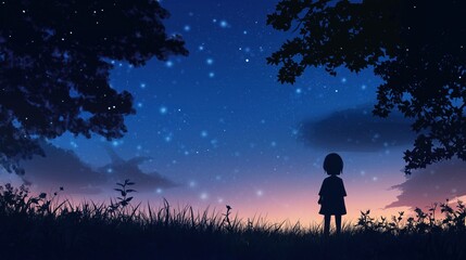 Girl watching fireflies under starry night sky