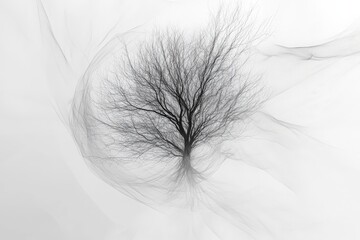 Mysterious tree emerging from swirling fog in a monochromatic landscape at dusk